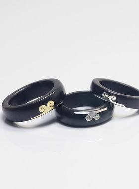 紫光檀木镶银戒指黑檀镶嵌金箍咒情侣紧箍对戒手饰品如意金箍咒