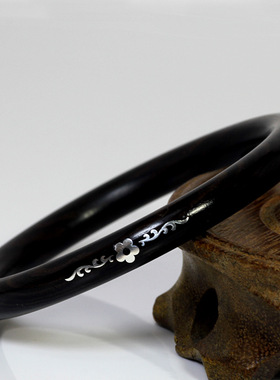 黑檀木镶银手镯紫光檀镶嵌龙凤富贵国风圆条手工实木镯子手环饰品