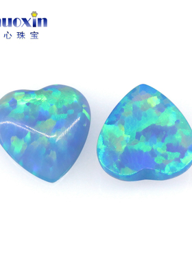 蓝色系人造欧泊石OPAL 心形平底素面桃心形欧珀澳宝戒面镶嵌#T-1