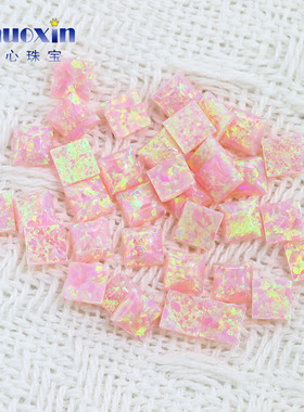 樱花粉色欧泊正方直角平底素面欧泊石宝石裸石 光面合成澳宝OP08