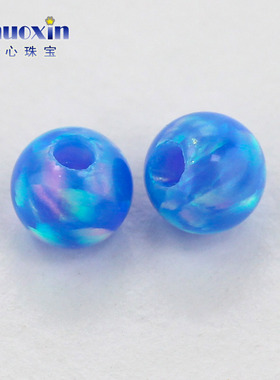 全孔圆珠蓝色红彩欧泊散珠裸石 球形打孔珠子合成澳宝通孔 OP74