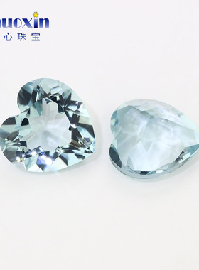心形压电水晶浅蓝色尖底裸石 实验室合成蓝水晶桃心形珠宝主石钻