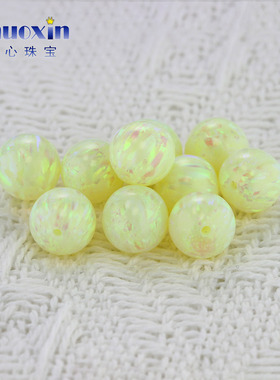 圆珠半孔浅果绿色变彩欧泊石欧珀裸石 球形打孔珠子合成澳宝 OP12