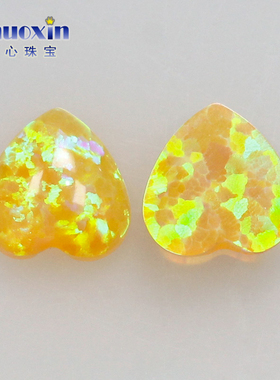 黄色心形人造欧泊石OPAL 平底素面欧珀澳宝绿变彩戒面镶嵌OP28