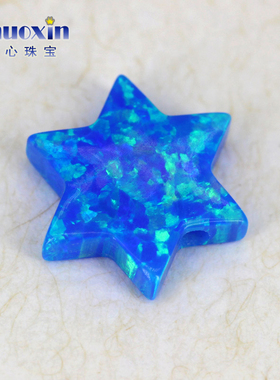 蓝绿彩六角形人造欧泊石OPAL 仿欧珀蓝色澳宝吊坠带孔横穿孔OP05