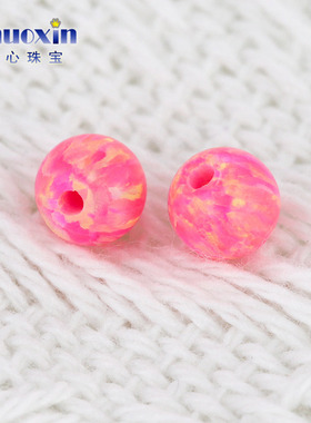 全孔圆珠红色变彩欧泊石欧珀裸石 球形打孔珠子合成澳宝通孔OP42