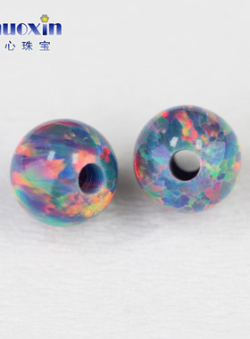 全孔圆珠灰色红彩欧泊石欧珀裸石 球形珠子合成澳宝通孔#13-1