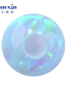 圆珠半孔天蓝色欧泊石欧珀裸石 球形打孔珠子人造合成澳宝OP06