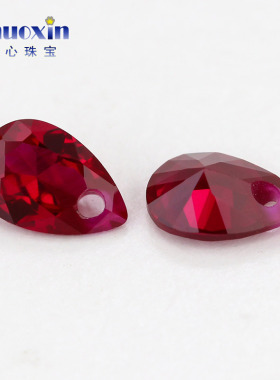 梨形8#红刚玉鸽血红单孔裸石 合成培育红宝石Ruby带孔水滴形