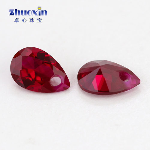 梨形8#红刚玉鸽血红单孔裸石 合成培育红宝石Ruby带孔水滴形 - 图1