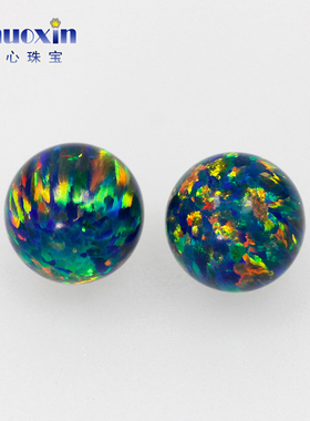 圆珠深绿色欧泊石仿黑欧珀裸石 球形珠子合成澳宝光珠无孔OP35