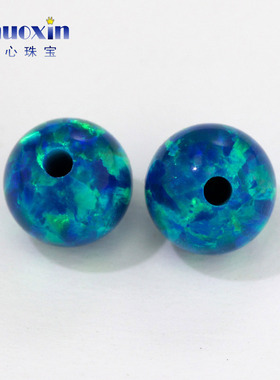 圆珠半孔蓝绿色变彩欧泊石欧珀裸石 球形打孔珠子合成澳宝OP36