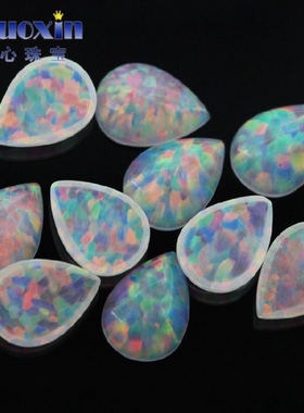 梨形弧面彩色澳宝宝石戒面裸石 水滴形平底素面人造欧泊石钻FI06