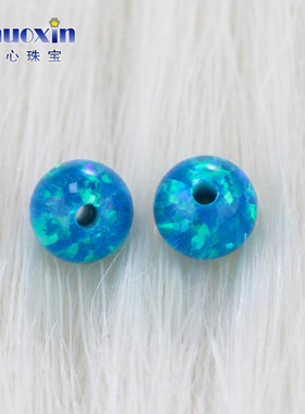 全孔圆珠蓝绿色欧泊石欧珀裸石 球形珠子合成澳宝通孔OP36