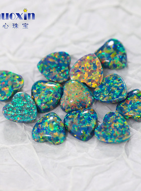 深绿色心形人造欧泊石OPAL 平底素面欧珀澳宝黄变彩戒面镶嵌OP35