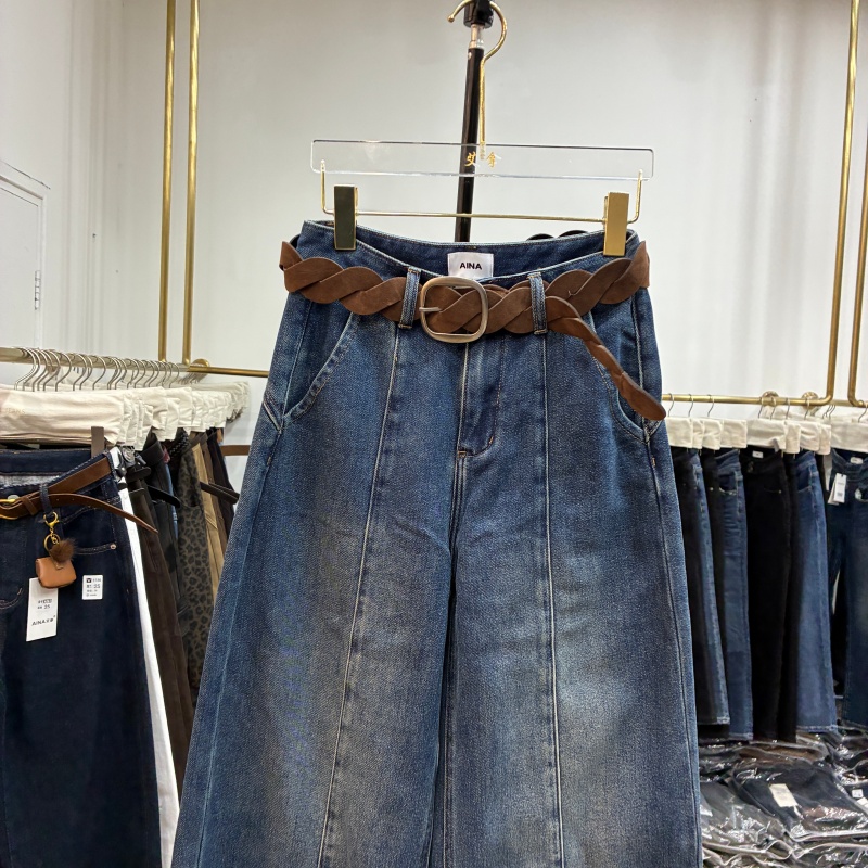 艾拿2025冬款55091蓝色抓毛高腰送皮带时尚直筒阔腿牛仔弯刀裤潮 - 图0