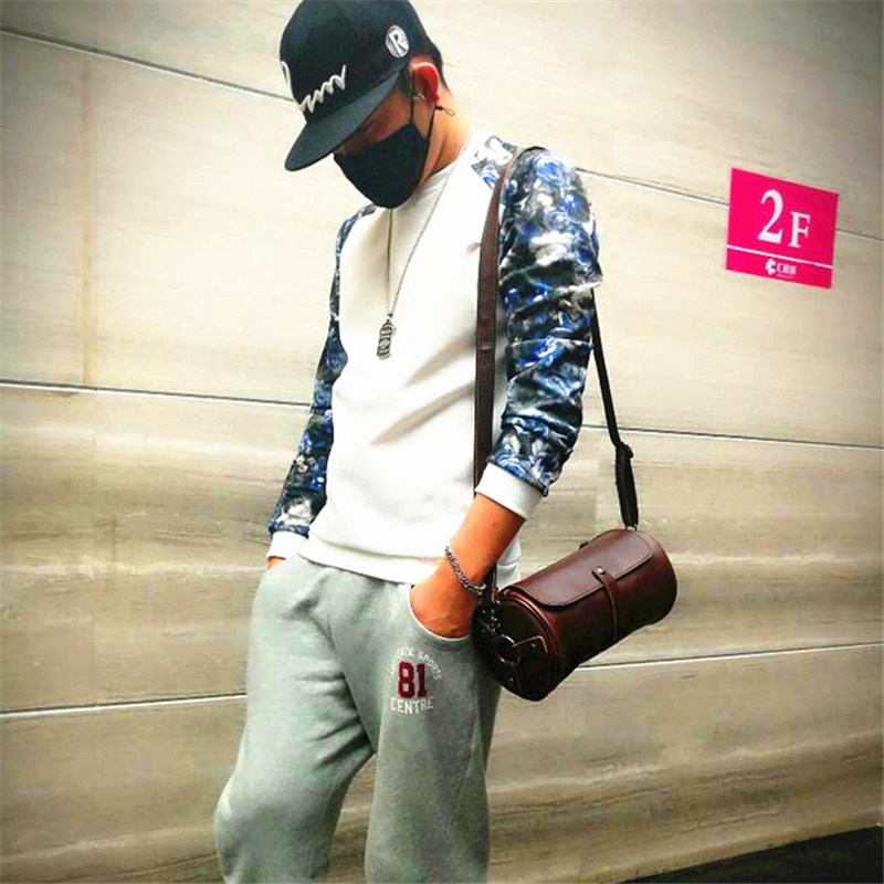 2019新款瘋馬皮男士單肩圓筒包 休閒復古圓桶男女斜挎包 機車揹包