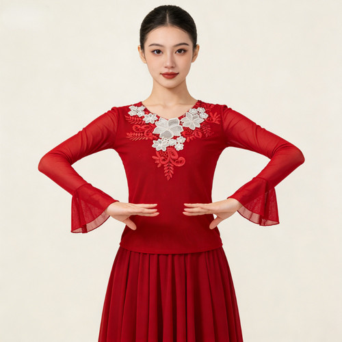 新款新疆舞蹈上衣女春夏季款网纱修身款广场舞服民族舞维族舞服装 - 图2