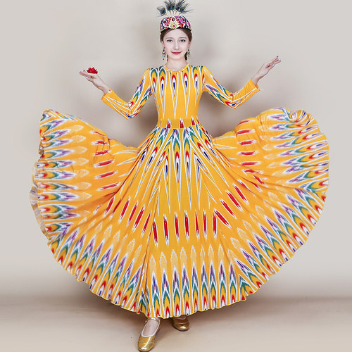 新疆舞蹈演出服民族特色艾德莱斯裙维吾尔族舞台大摆连衣裙720度 - 图0