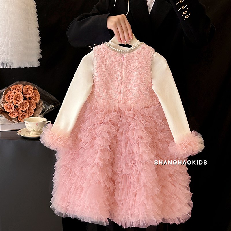 女童连衣裙秋冬款小女孩高级感生日公主裙洋气儿童粉色礼服蓬蓬裙 - 图1