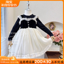 Girl Lian Dress Spring Autumn Season 2023 New Girls Fake Two Princesses Dress Foreign Air Children Senior Feel Little Black Dress