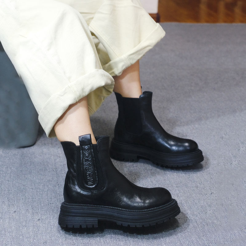 小婉轻奢高品质头层牛皮短靴女秋冬时尚简约休闲气质中跟切尔西靴,淘宝优惠券,粉丝福利购,淘宝优惠卷