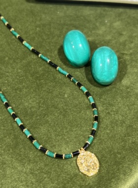 法式小众天然石绿色拼接黑曜石串珠项链老钱风复古时尚精致锁骨链