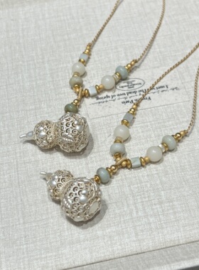 新中式手工编织天然石古法镂空葫芦项链高级感可抽拉中长毛衣链潮