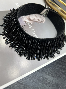 小众设计黑色水晶手工串珠流苏项链高级感气质锁骨链个性百搭颈链
