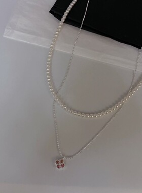 法式复古高级四叶草锆石双层叠戴珍珠项链小众时尚气质百搭锁骨链