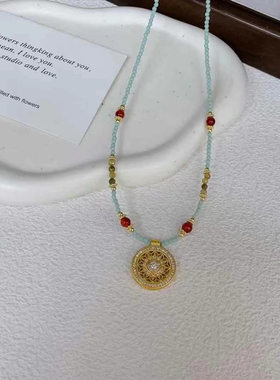 新中式古法五福圆满罗盘吊坠项链绿色串珠高级轻奢小众设计锁骨链