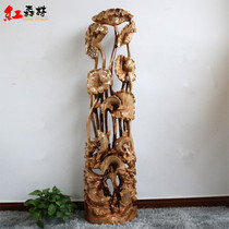 Root engraving incense Zhangwood solid wood year after year with fish pendulum piece lotus fish wood sculpted home handicraft living room Xuanguan artworks