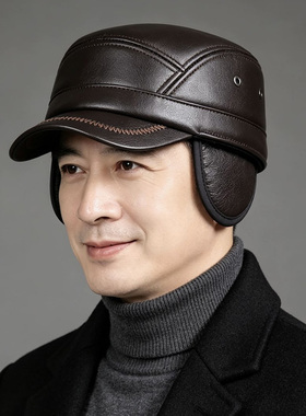 羊皮平顶帽中老年人男士秋冬季户外鸭舌帽防风保暖后封口真皮帽子