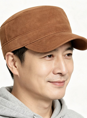 反绒羊皮平顶帽男士全封口鸭舌帽秋冬季防风保暖中老年人真皮帽子
