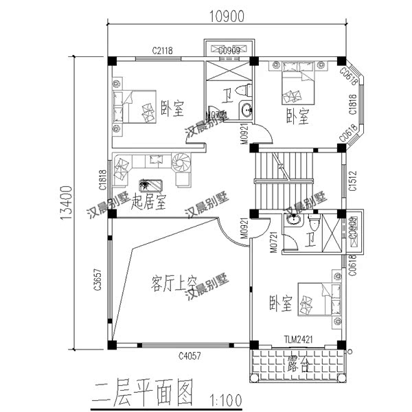 11xx13.4米二层半复式客厅农村自建房设计图三层经济小别墅图纸 - 图1