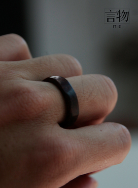 言物男女檀木原创手工肌理戒指