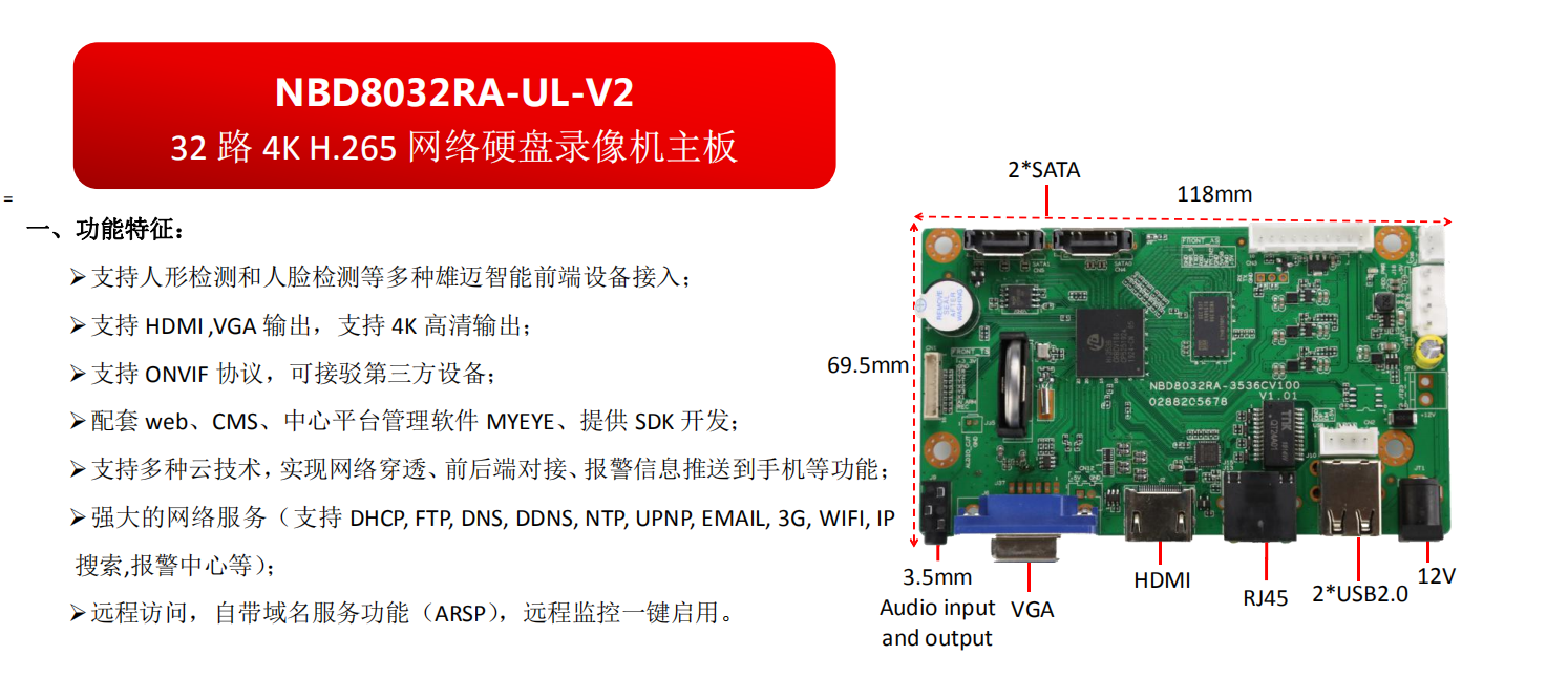 NBD8032R-UL-V2 32H 4K 8MP H.265 NVR 网络硬盘录像机主板onvif - 图1