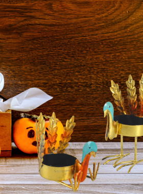 金属火鸡茶灯烛台，感恩节装饰家居，火鸡烛台，感恩节烛台