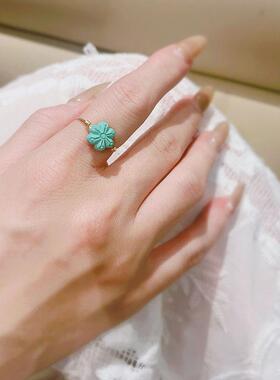 天然绿松石文玩注金不褪色花朵串珠指环食指女款花瓣戒指松石戒指