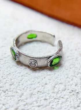 磨砂拉丝款活口戒925银镶嵌天然透辉石黄水晶伦敦蓝托帕石指圈
