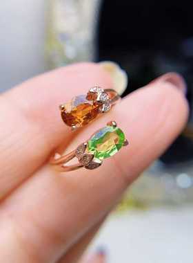 彩宝首饰新款戒指s925银镶嵌天然橄榄石+芬达石上开口可调节