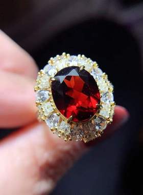 豪华围钻款戒指s925银镶嵌天然石榴石大颗椭圆活口女手饰精致百搭