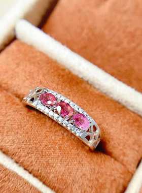 彩宝首饰925银镶嵌天然粉色碧玺活口戒椭圆3*4活口可调多款百搭