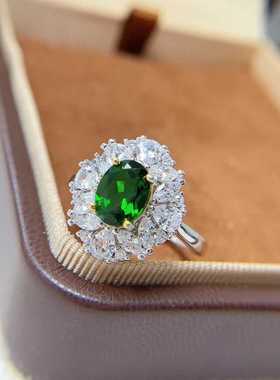 豪华围钻款戒指925银镶嵌天然透辉石活口女食指戒椭圆6*8宝石首饰