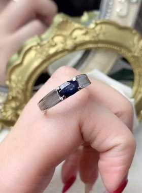 拉丝款男戒s925银镶嵌天然星光蓝宝石蓝托帕活口女士戒指简单爪镶