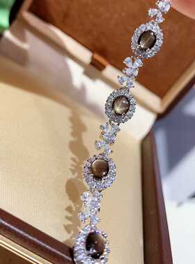 新款手链925银镶嵌天然星光蓝宝石手饰围钻款椭圆4*5精致百搭手链