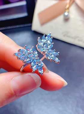 新款戒指s925银镶嵌天然瑞士蓝托帕石活口可调食指戒蝴蝶款豪华戒