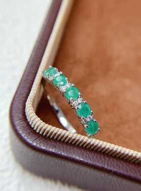 精致小排戒s925银镶嵌天然蓝宝石祖母绿红宝石圆形多粒活口戒指