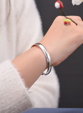 亮银心经手镯贵妃镯开口光面镯子女素圈妈妈送礼