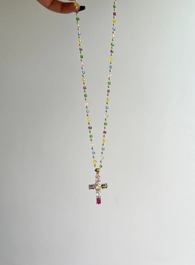 万物生色超闪多巴胺彩色宝石十字架项链甜美小众锁骨链